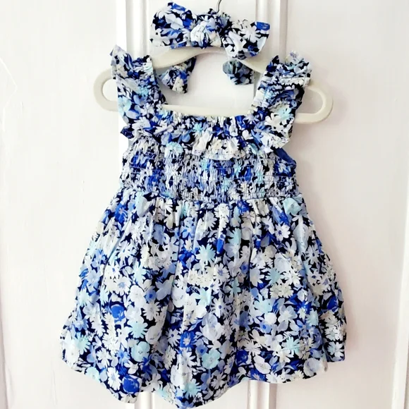 EUC baby GAP blue floral dress, headband, & bloomer set- baby girl 3-6 months - Picture 2 of 5